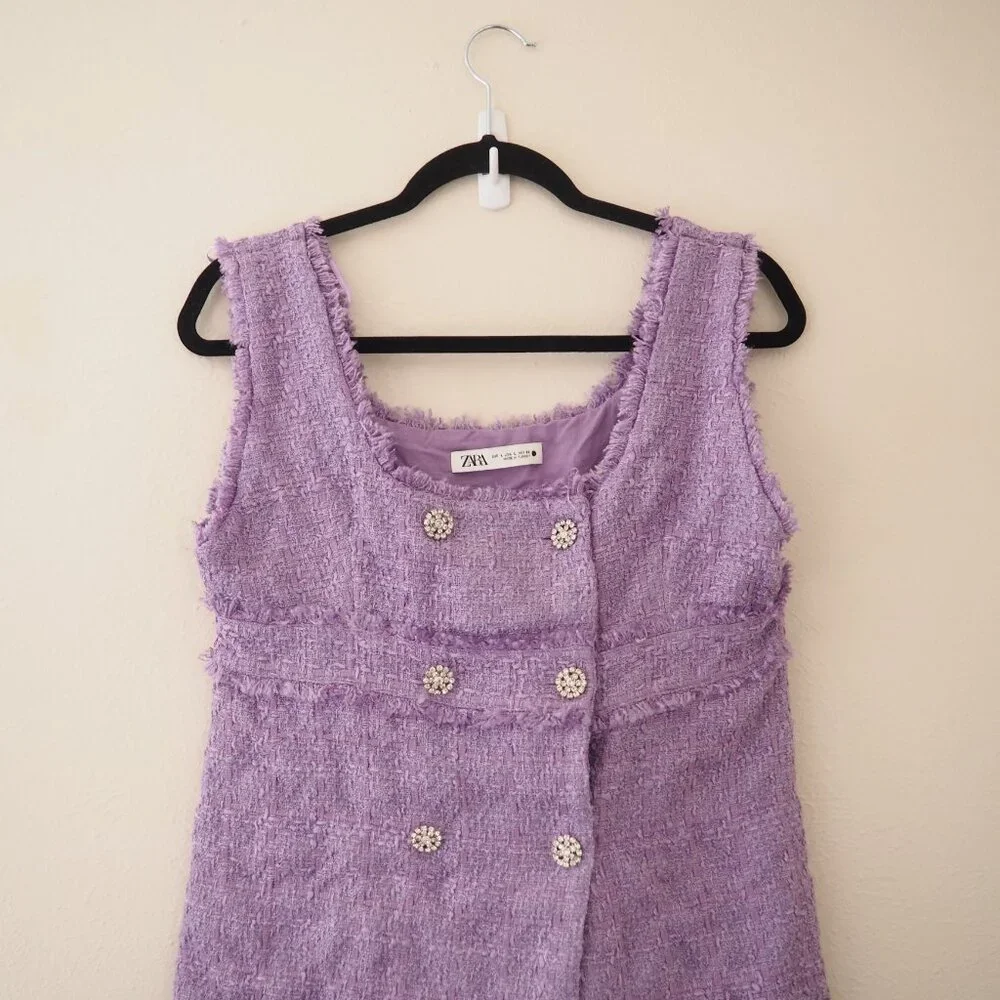 Zara Purple Tweed Sleeveless Mini Dress sz L - Picture 4 of 7